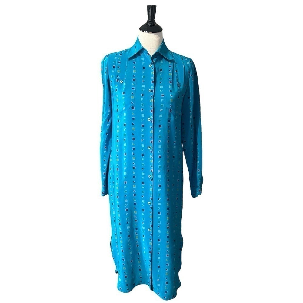 Vintage Silk Studio 100% Silk Shirt Dress Midi Blue Retro Geometric 80s Size 4